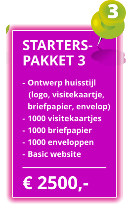 � 2500,- STARTERS- PAKKET 3 -	Ontwerp huisstijl    (logo, visitekaartje,  	briefpapier, envelop) - 	1000 visitekaartjes - 	1000 briefpapier - 	1000 enveloppen - 	Basic website
